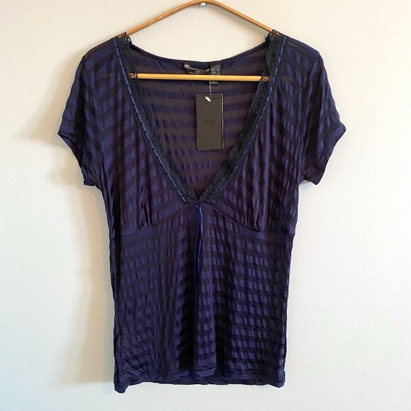 NWT Mango Striped Dark Blue V-Neck with Lace and Bow Detail - Picture 1 of 8